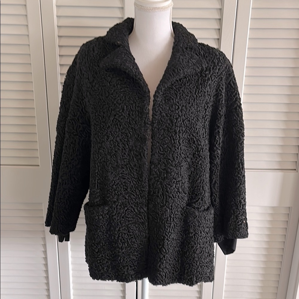 Vintage 1950s Black Persian Curly Lamb Fur Coat Hollywood Glam Jacket Size S / M